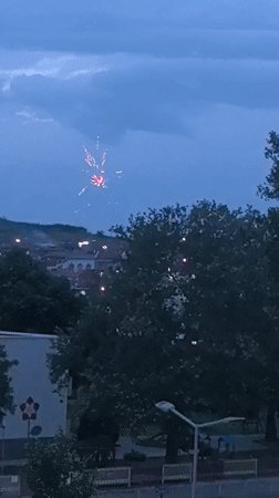 Pink fireworks light up twilight sky over city