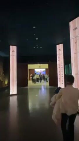People are walking through a large, dark hallway. The hallway has a high ceiling that appears to be a dark blue color, illuminated with specks that look like stars. There are tall, thin rectangular pillars on either side of the hallway that display images that resemble bamboo or wood grain. The pillars also feature written characters. At the end of the hallway, there is a large opening or doorway numbered "8" at the top, through which a crowd of people are visible. Some people are walking towards the doorway, including an adult and a child in the foreground. The floor is a glossy dark color, reflecting the light. The environment resembles a museum or exhibition space.