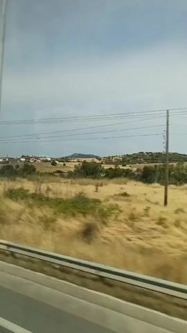 This is a short, shaky video shot from a moving vehicle, likely a car or train, looking out a window. The scene depicts a rural landscape under a cloudy sky. In the foreground, a gray barrier or road marking is visible, with the edge of the vehicle's interior slightly blurred on the left. Beyond this, a field of dry, yellowish grass stretches towards a gentle hill. Scattered green bushes and trees are interspersed within the field. In the middle distance, a small cluster of white buildings, possibly a village or hamlet, sits on the hillside, with a darker, more rounded hill behind it. Overhead, several dark power lines stretch across the frame, supported by poles. The overall impression is of a sunny but somewhat arid countryside.