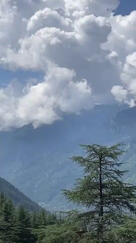 The video shows a mountain landscape with large white clouds against a blue sky. In the foreground, there are several evergreen trees, with one tall, thin tree in the center. The mountains in the background are layered and appear to be covered in vegetation. A small village or settlement is visible in the valley between the mountains. The lighting suggests it is daytime.