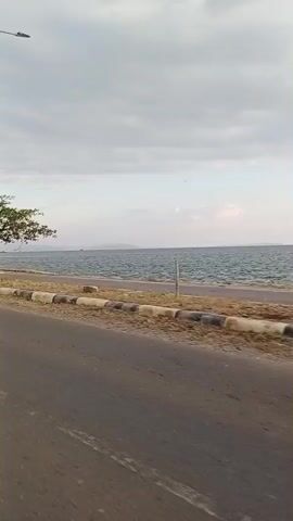 A first-person perspective video shows a road adjacent to a body of water. A lamppost stands to the left of the frame. The road is paved and asphalt. A border of alternating black and white concrete barriers runs along the edge of the road next to the water. A few trees are visible along the shoreline. The water appears choppy, with waves visible. The sky is cloudy and overcast. In the reflection of a motorcycle's side mirror, a person wearing a yellow shirt is visible.