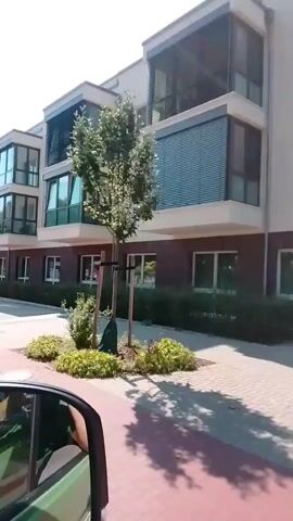 The video shows a moving shot of a modern apartment building with large windows and balconies. The camera appears to be inside a vehicle, possibly a car, as a side mirror is visible in the foreground. The building has a white facade with darker brick accents on the lower level. There are trees and landscaping in front of the building, and a red brick pathway is visible. In one segment, a bus stop shelter with green trim is seen. The sky is bright and appears to be a sunny day.