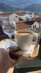 Morning coffee service documented in Budva hotel room