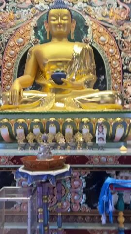 The video displays a large, golden Buddha statue in a seated position, holding a dark-colored bowl in its hands. The statue is set against an elaborate, ornately decorated backdrop, featuring floral and other artistic motifs. Below the Buddha, there are several small golden objects arranged on a platform. In front of this platform, there is a brown bowl on a purple and gold table, with a translucent, textured object inside the bowl. A blue cloth hangs on a nearby structure. The overall setting is a religious or spiritual space, likely a temple.