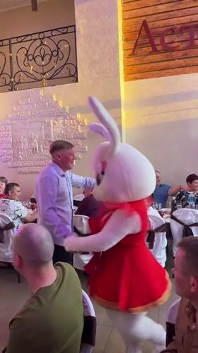 Bunny mascot entertains guests at Neftekamsk celebration event