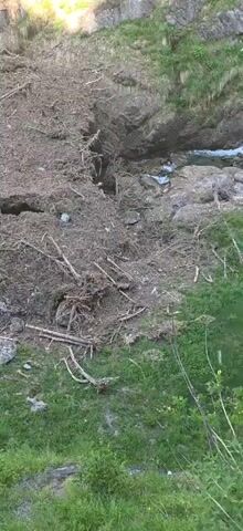 A rockslide has occurred on a forested hillside, with debris composed of soil, rocks, and uprooted trees blocking a stream. The slide has created a large mound of material that partially obscures a waterfall visible in the background. The surrounding area is covered in green grass and vegetation. The video pans slowly across the slide area, showing the extent of the damage and the chaotic nature of the debris.
