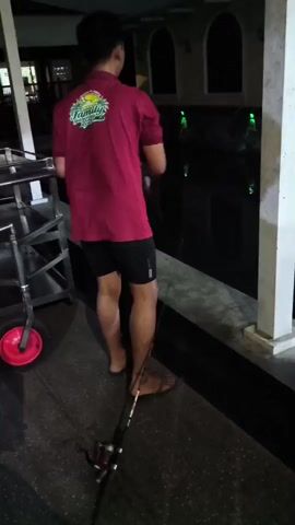 A person wearing a maroon t-shirt and black shorts stands facing away from the camera, holding a fishing rod. The person is barefoot and wearing a sandal on one foot. A fishing reel is attached to the rod. To the left of the person, a metal cart with a red wheel is visible. The person is standing next to a body of dark water, possibly a pool or pond. In the background, there are architectural elements that appear to be part of a building, with arched openings and white pillars. Green lights are visible in the water. The scene is dimly lit.