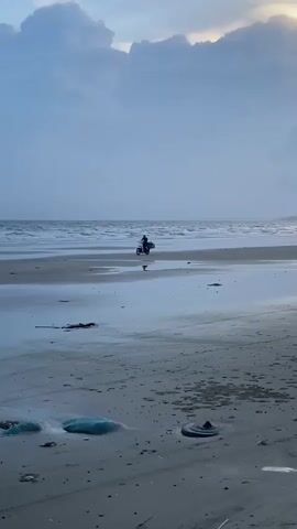 The media shows a wide shot of a beach with a person riding a scooter. The scene is set at the edge of the ocean, with waves breaking on the shore and receding to create wet sand. The sky is overcast with dramatic clouds, suggesting it might be dusk or a stormy day. The beach itself appears to be wet and reflective in places, indicating the tide is out or has recently come in.

In the foreground, there are scattered pieces of debris on the sand, including what looks like a piece of blue netting or plastic and a circular object. The middle ground is dominated by the expanse of wet sand and the ocean. The main subject, a person on a scooter, is visible in the distance, riding along the shoreline. The scooter appears to have a box or carrier attached to the back.

The overall mood is somewhat somber and vast, with the muted colors of the sky and the solitary figure on the scooter emphasizing the scale of the natural environment. There is no visible text in the media. The time of day appears to be either early morning or late evening due to the low light and cloudy conditions. The location is a beach, likely a coastal area.