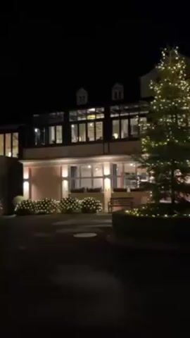 The video depicts a building at night with Christmas decorations. A large Christmas tree covered in lights is in the foreground. The building behind the tree has two floors with many windows. The windows are lit, suggesting the interior is illuminated. Bushes are lined along the base of the building, also adorned with lights. The sky is dark, indicating it is nighttime. The camera slowly pans from left to right, showing more of the building's facade and the festive lighting. The surrounding area appears to be a paved walkway or driveway.