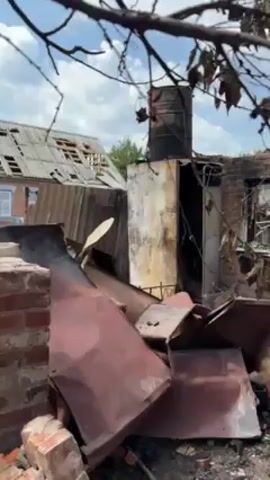 The video shows the aftermath of a fire in a residential area. Charred debris and rubble are scattered throughout the scene. Several buildings are heavily damaged, with collapsed roofs and burned-out interiors. Brick walls remain standing in some areas, but much of the structures are destroyed. The environment suggests a rural setting, with trees visible in the background. The sky is partially cloudy. The scene suggests significant destruction and devastation.