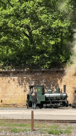 Green steam train departs Pétange station with passengers aboard