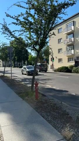 A sidewalk runs along the right side of a street with cars driving on it. On the left side of the sidewalk, there is a grassy area with trees. On the right side of the street, there is a building with balconies. A fire hydrant is visible on the side of the road. A person is riding a bicycle on the street. The sky is blue and clear.