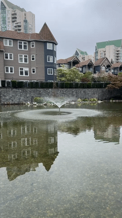 Evening scenes captured in Coquitlam: pond fountains, construction progress