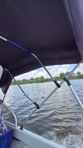 A first-person perspective video shows the view from a boat moving on a body of water. The camera is positioned under a dark blue canopy supported by silver poles. Ripples and small splashes are visible on the water's surface. The shore in the distance is lined with trees and vegetation under a partly cloudy sky. The boat appears to be moving forward, as indicated by the spray at the edge of the frame and the changing view of the shore.