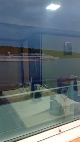 From inside a building with large windows, a river landscape is viewed. On the water, a multi-deck passenger vessel, possibly a cruise ship, is stationary. In the foreground, a table is set with plates, glassware, and condiments, suggesting a dining area. The interior is illuminated by a bright overhead light. Outside, trees line the riverbank opposite the building, and a framed picture hangs on the wall near the window. The reflection in the glass adds to the complexity of the image, blending the interior and exterior scenes.