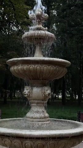The video shows a close-up, vertical shot of a tiered stone fountain with water flowing. The fountain is ornate, with carved details and what appear to be lion heads on its central support. Water cascades from the top tier down to the lower tiers and into the basin. The background consists of dark green foliage from trees, suggesting an outdoor setting, possibly a park or garden. The lighting is subdued, and the overall atmosphere is calm and serene. There are no people visible in the video.
