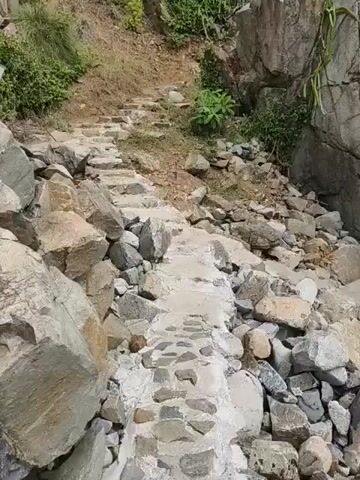 The video shows a rough stone staircase ascending a rocky, vegetated slope. The steps are made of unevenly sized stones, some appearing to be cemented together, while others are loosely placed. The surrounding terrain is characterized by large rocks, dirt, and sparse vegetation, including bushes and grasses. The lighting suggests it is daytime, with natural sunlight illuminating the scene. The camera is positioned at the bottom of the staircase, looking upwards, and appears to be either handheld or mounted on a moving object, as indicated by the slight camera movement. There are no people or animals visible in the video. The environment appears to be an outdoor, natural setting, possibly a hiking trail or a path leading up a hill or mountain.