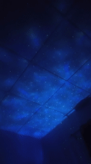 Blue-lit ceiling panels create artificial starry night sky display