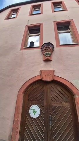 The video displays an upward-angled view of a historical building with a light peach-colored facade. Multiple rectangular windows with reddish-brown frames are visible on the upper floors. A decorative, multi-colored architectural element protrudes from the wall between two windows on the second level. Below, a large, arched wooden double door, featuring a chevron pattern, is framed by reddish-brown trim. The year "1782" is carved into the stone directly above the arch of the door. A circular green and white sticker with the text "ECO" and an image of grapes is affixed to the left door panel. The sky above is partly cloudy. The camera slightly pans up and down, maintaining focus on the building's details. An individual's voice states, "Residential building 1782."