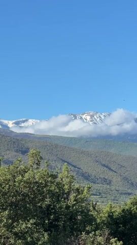 The video shows a scenic view of mountains against a clear blue sky. The foreground features green trees, while the mid-ground consists of rolling hills covered in lush vegetation. In the background, snow-capped mountains rise majestically, partially obscured by white clouds. The camera remains static throughout the video, capturing the serene beauty of the landscape.