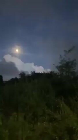 Here is a description of the video.

The video shows a dark street at night. There is tall grass and some trees along the side of the road. In the distance, there is a house or building. The sky is cloudy and there is a bright moon visible. The camera is moving slightly as if the person is walking.