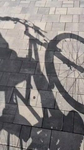 The video shows the shadow of a person riding a bicycle on a paved surface. The pavers are gray and rectangular. The shadow clearly shows the outline of the bike and the rider. The camera moves as the bicycle moves, keeping the shadow in view.