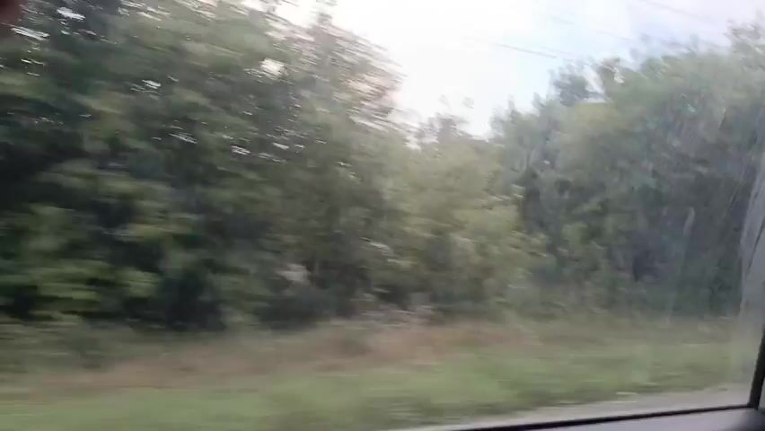 The video shows a view from inside a vehicle, looking out a dirty window. The scenery passing by is blurred due to motion. It appears to be a rural or semi-rural area with trees and grass. In the latter half of the video, a building complex with several structures, possibly a school or an industrial facility, comes into view in the distance. The sky is overcast.