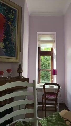 The video shows a still shot of a room. A painting hangs on the left wall. A fireplace is in the foreground. A small white table with a chair sits in front of a window. Outside the window, green trees are visible. A pink lamp is on the table.