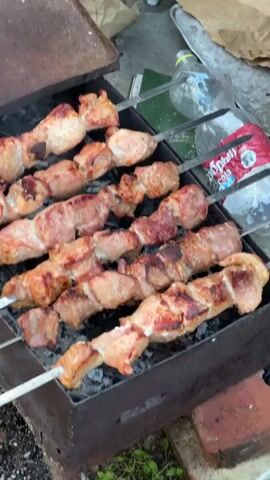 Several skewers of meat are being grilled over hot coals in a metal brazier. The meat appears to be pork, cut into bite-sized pieces and threaded onto metal skewers. The pieces are browned and slightly charred in places, indicating they are cooking. The brazier is outdoors, with some greenery visible in the background, as well as what appears to be a plastic bottle and a crumpled piece of paper. The scene is shot from a slightly elevated, close-up perspective, focusing on the food.