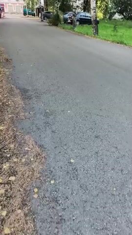 The video shows a view of a paved road with a grassy area and trees on the right side. Cars are parked along the road on the right side, and some buildings are visible in the distance on the left side. The footage appears to be taken from a moving vehicle or by someone walking, as the perspective is constantly shifting. The road surface shows signs of wear and tear, with some scattered debris. The overall environment suggests a suburban or semi-rural setting.