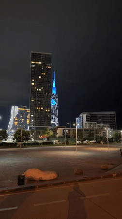Batumi's lit-up tower and Ferris wheel on a summer night
