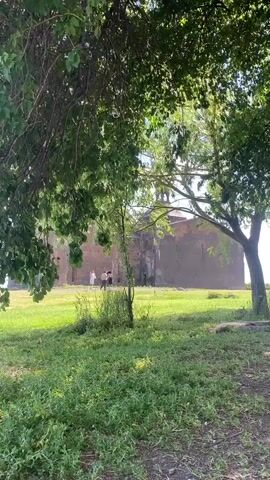 The video shows a grassy area with trees in the foreground and a large brick building in the background. Several people are visible near the building, some standing and some walking. The lighting suggests it is daytime, and the overall scene appears to be outdoors, possibly in a park or historical site. The focus is on the natural environment and the structure.