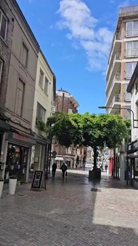 This is a vertical video of a street scene in Charleroi, Belgium. The perspective is from a person walking down a narrow, pedestrianized street. On either side of the street are multi-story buildings housing shops and apartments. The buildings vary in architectural style, with some appearing older and others more modern. In the center of the street, a large, lush green tree stands in a planter.

Several people are visible walking along the street, some in the distance and some closer to the camera. They appear to be casually strolling, suggesting a relaxed atmosphere. The ground is paved with cobblestones. The sky is blue with scattered white clouds, indicating fair weather. The sunlight casts shadows, suggesting it is daytime, likely late morning or early afternoon.

On the left side of the street, there are several shops. One sign reads "ZOLKOF" in red and white lettering. Another sign displays a chalkboard with text and graphics, possibly a menu or advertisement. On the right side, there are more shops and buildings, with some appearing to be closed or less active.

The overall impression is a pleasant, everyday scene in a European city. The presence of the large tree provides a focal point and a touch of nature amidst the urban environment. The activity is simply people going about their day.