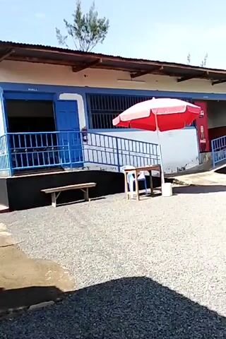 The video depicts a single-story building with a brown roof and light blue trim on a sunny day. A blue railing surrounds a small porch with a blue door. A red umbrella shades a small table and chair. There is a bench near the porch. The ground is covered in small gray stones. A tree is visible in the background.