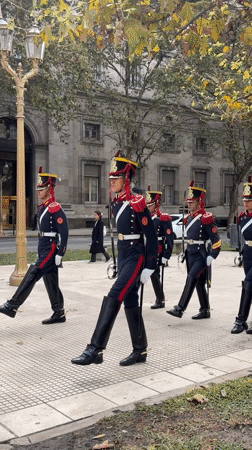 Ceremonial soldiers march in formation near pink building, Buenos Aires
