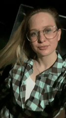 Woman in plaid shirt documented across indoor-outdoor locations