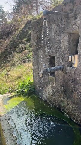 The video shows a stone fountain with water flowing from a pipe and a faucet into a pool below. The stone structure appears old, with visible texture and discoloration. Some green moss or algae is growing in the pool and on the stone. On the right of the fountain is a small opening in the structure, revealing a metallic cup. Behind the fountain, there's a grassy hillside with some trees and shrubs. The sky is visible in the background. The sun appears to be shining, casting light on the scene. There's no human presence or movement of people visible in the frame.