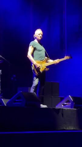 A full shot shows a male musician, Sting, playing a bass guitar on a dark stage. He is wearing a dark green t-shirt and dark pants. The stage is lit by blue spotlights. Several speakers are visible on the stage.