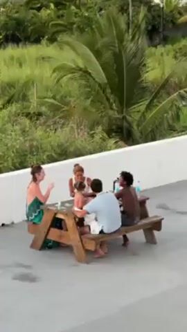 On a rooftop surrounded by a white wall and lush green vegetation, a group of five individuals is gathered around a wooden picnic table. A woman in a green dress is seated on the left, engaged in conversation with the others. Next to her is another woman with her hair up, who appears to be interacting with a young child seated between them. Across from them are two men. One man, wearing a light blue shirt, is facing the child and seems to be tending to their needs. The other man, shirtless, is seated on the edge of the bench, engaged in the conversation. There are water bottles and other items on the table. The environment is outdoors, with a vibrant green backdrop of trees and foliage, including a prominent palm tree. The setting suggests a relaxed, possibly social gathering.
