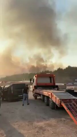 The video shows an emergency evacuation during a forest fire. The fire is visible in the background as thick smoke fills the air, obscuring the horizon. The foreground is a dusty parking area filled with various vehicles. People are gathered near a black van, and a tow truck is positioned next to it, ready to load the vehicle. A sign for a Turkish restaurant is also visible in the background. 
The video then pans to show a white SUV and an orange car, both of which appear to be ready for evacuation. Finally, the video focuses on a truck carrying several cows, suggesting that livestock is also being evacuated. The overall scene portrays a sense of urgency and chaos as people try to escape the approaching fire.