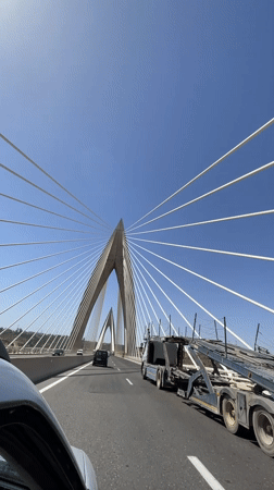 Vehicle crosses cable-stayed bridge in Salé, Morocco