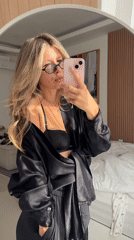 Mirror selfie series in a bedroom, black satin robe