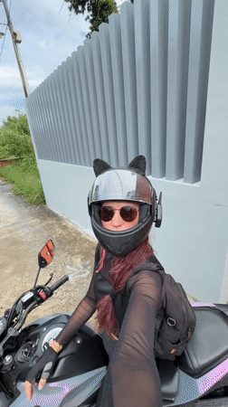 Cat-ear helmet motorcycle outing with a side of home decor