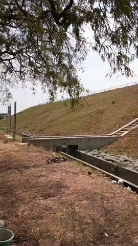 The video shows a dry, grassy slope with a concrete drainage ditch at the bottom. A concrete bridge spans the ditch, leading to a set of stairs that ascend the slope. The top of the slope is fenced and appears to be a walking path. There is a tree with sparse leaves on the left side of the frame, casting shadows on the scene. The sky is cloudy.