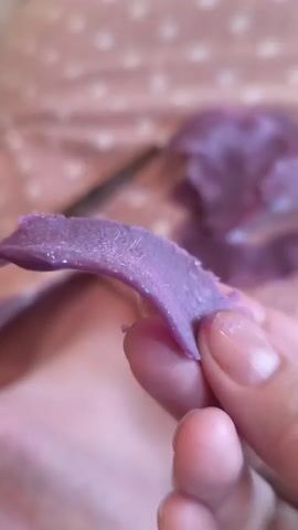 The video shows a close-up of a hand holding a thin, purple slice of what appears to be a root vegetable, possibly a sweet potato, with visible fibers. The slice is slightly curved and has a textured surface. In the background, a blurred mound of mashed purple vegetable is visible, along with what looks like a knife or utensil. The backdrop is a textured, light pink fabric. The lighting is soft and natural.