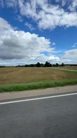 A video shot from a moving vehicle shows a rural landscape. The foreground features a gray asphalt road with a white line. To the left, there is a strip of green grass. Beyond the road, a vast field of dry, golden crops, possibly wheat or hay, stretches into the distance. The field has visible rows, suggesting it has been harvested.

In the middle ground, a dirt road curves away from the viewer, bordered by green grass. A wooden signpost stands near the intersection. Further into the field, there are several trees and some buildings, including what appears to be a small shed and a larger structure. A blue and white tent is visible between the trees.

The background consists of a dense line of green trees and further fields. The sky is a vibrant blue with scattered white, fluffy clouds, indicating fair weather. The overall impression is of a sunny day in the countryside, possibly during late summer or early autumn given the color of the crops. The camera movement is consistent with being from a vehicle traveling on the road. No people are visible in the video.