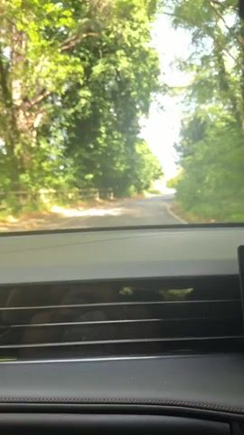 From a car's dashboard perspective, the video shows a narrow, asphalt road winding through a tunnel of dense, green trees. Bright sunlight filters through the foliage, creating a dappled effect on the road. The sky is visible above the trees, revealing scattered white clouds and a pale blue expanse. A road sign can be spotted in the distance, indicating a turn. The car seems to be moving forward along the road.