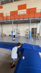 Young men practice acrobatics at Krasnoyarsk trampoline park