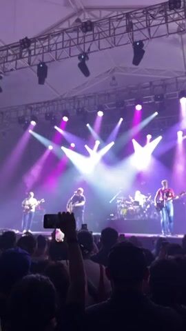 The video shows a live concert. A band of five musicians performs on a stage. A man is singing and playing an acoustic guitar in the center. To his right, a man plays the bass guitar. To the singer’s left, a guitarist stands playing his instrument. Behind them in the center of the stage, a drummer plays on a drum kit. The stage is bathed in dramatic purple and white spotlights, creating a vibrant atmosphere. The stage setup includes a visible rigging structure overhead, indicating a professionally managed concert. A crowd of people is visible in the foreground, their backs to the camera, recording the performance with their phones.