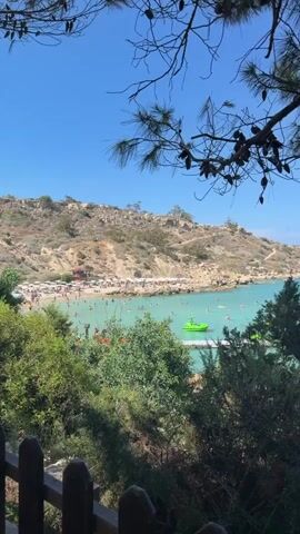 This is a vertical video of a crowded beach on a sunny day. The water is a bright turquoise color, and there are many people swimming and relaxing on the beach. There are also several boats and jet skis in the water. The beach is backed by a rocky, arid hillside. In the foreground, there are trees and branches, which partially obscure the view of the beach and water. The overall atmosphere is one of a lively summer vacation spot.